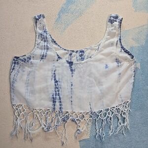 TREE OF LIFE Crop Tank Top Women Blue White Tie Dye Fringe Hem Rayon India M EUC